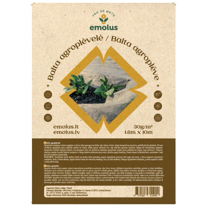 Agroplėvelė fasuota balta EMOLUS 1.6x10m 30g/m2 E